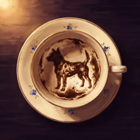 Kahve fincanında telveden oluşmuş köpek şekli